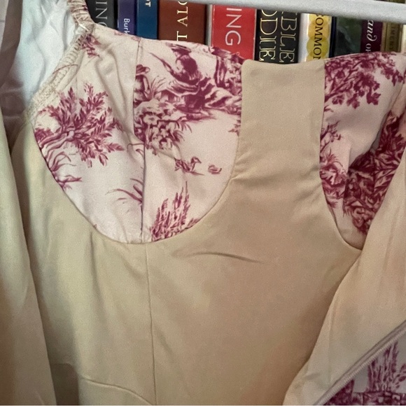 Dazy Burgundy and Cream Toile Dress with Ballon Sleeves Bustier Top Basque Waist - Picture 11 of 12